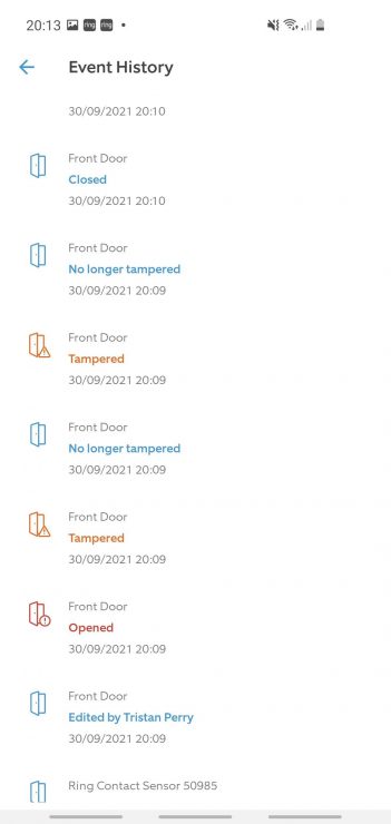 The event history of my Ring Alarm showing a few tampered errors
