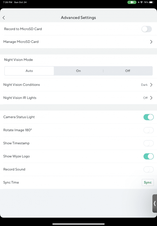 Wyze Advanced Settings when no SD card is present