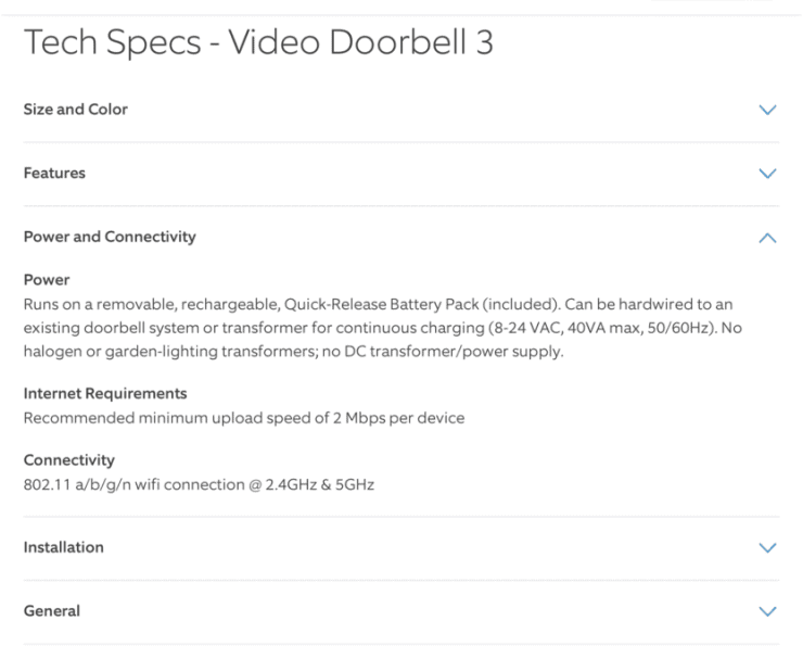 Tech Specs Ring Doorbell 3 showing 5 GHz support