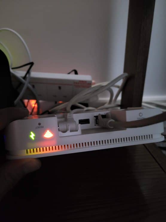 A CAT5e ethernet cable plugged into the Ring Alarm base station