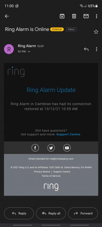 Email from Ring saying the internet connection has been restored on the Ring Alarm Base station
