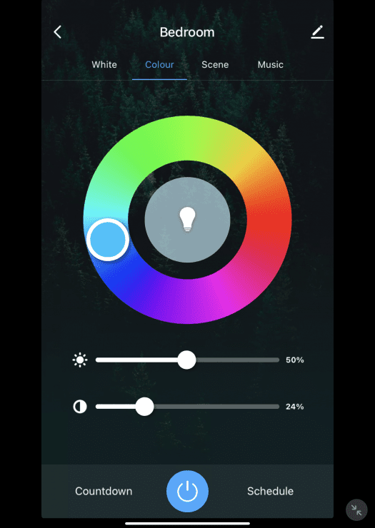 Smart bulb app showing color options