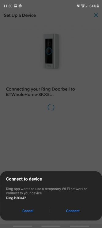 The Ring app connecting my Ring Doorbell to my mesh WiFi system via the temporary WiFi network
