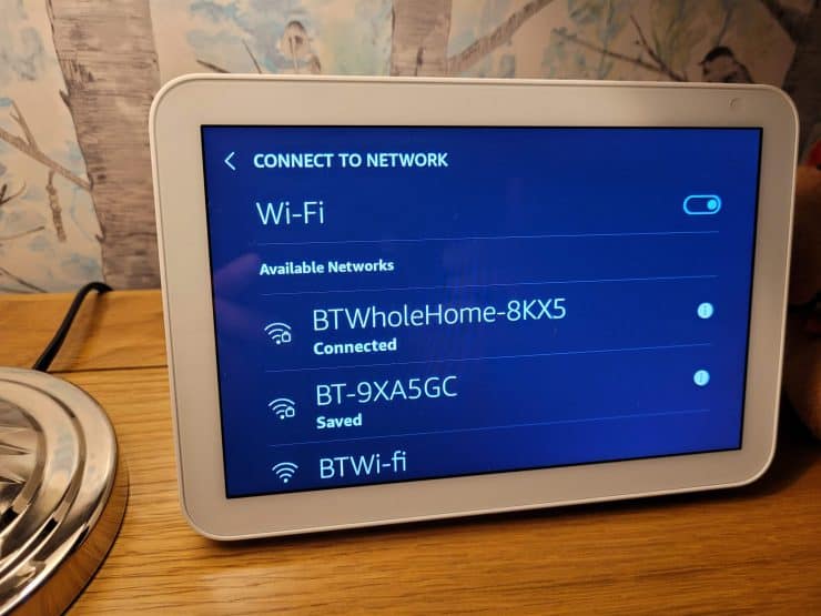 Various WiFi networks listed on the Echo Show 8 settings page