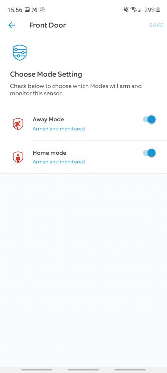 The Home and Away modes for a Ring sensor within the Ring app