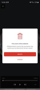 The "This event will be deleted" warning on the Ring app