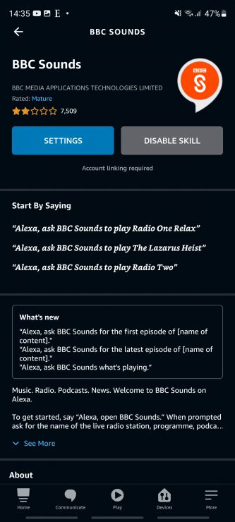 An Amazon Alexa skill with the settings and Disable Skill buttons on the Alexa app