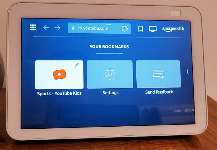 The Amazon Silk browser showing the bookmarks section on an Amazon Echo Show