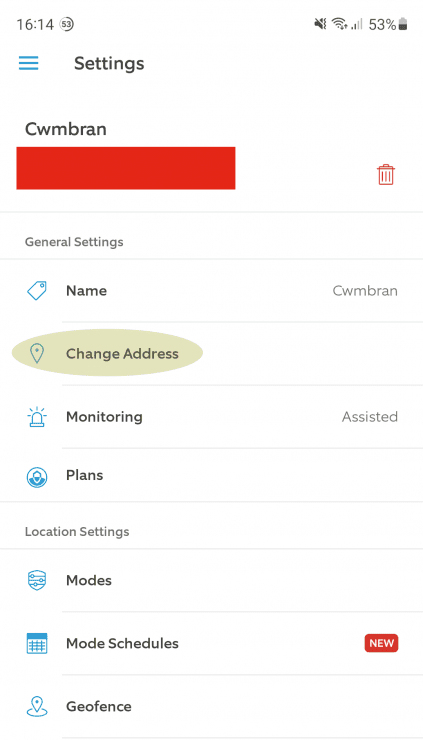 The Change Address option within the Ring app