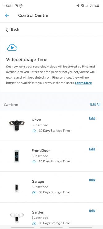 The video storage lengths displayed in the Ring apps Control Centre