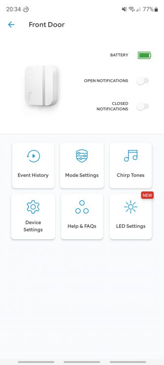 A Ring alarm sensor in the app with notification toggles, battery life and various control settings