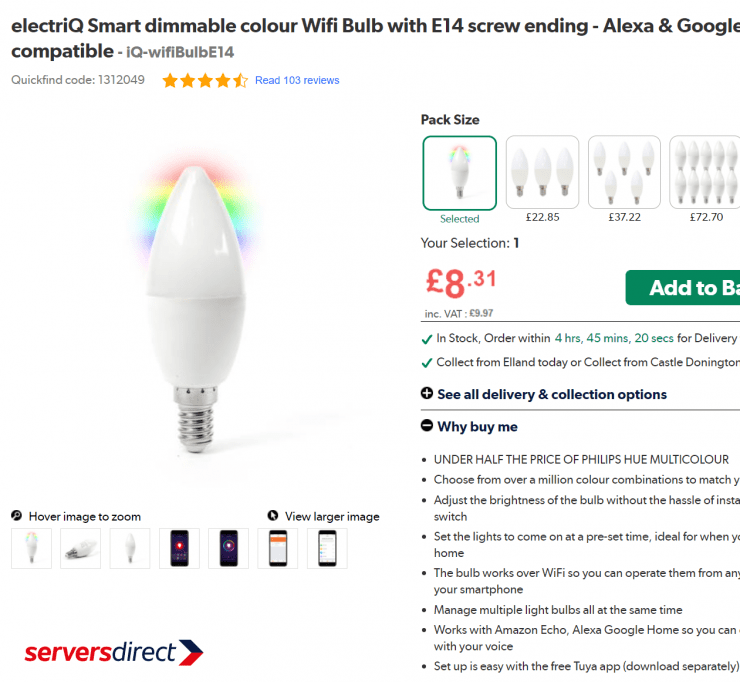 A dual band smart bulb with 5 GHz WiFi support sold by serversdirect in the UK