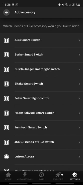 A range of Friends of Hue switches that are supported by the Hue Bridge
