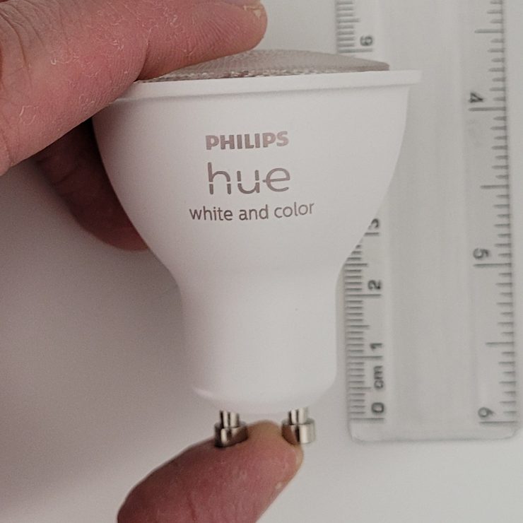 A second gen Hue GU10 bulb is approx 5.8cm 2.3 inches long