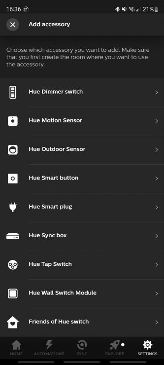 The Add accessory option within the Hue app