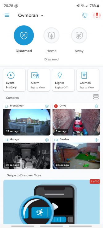 The Ring app dashboard with mode buttons at the top then camera snapshots below it