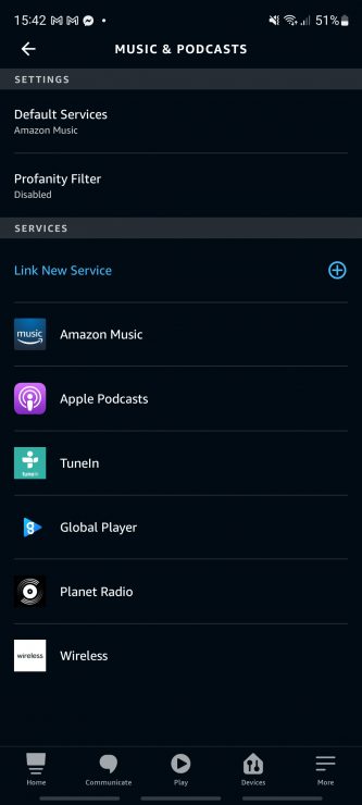 The music and podcasts section of the Amazon Alexa app showing the music skills and default service