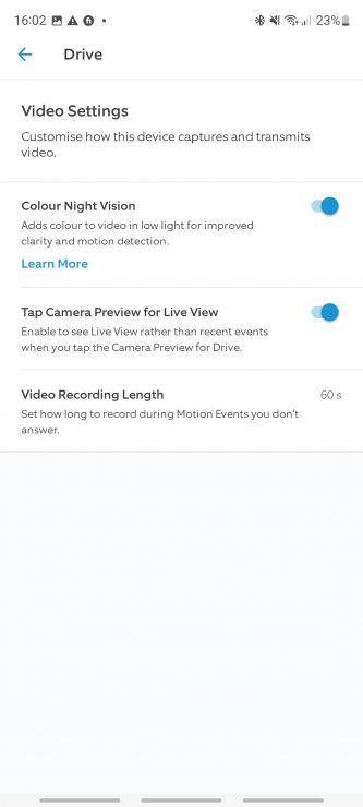 The video settings section of the Ring app with color night vision recording length and camera preview for live view options