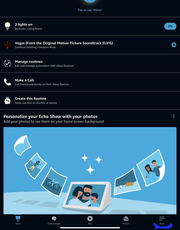 Alexa App Home Screen and More Button