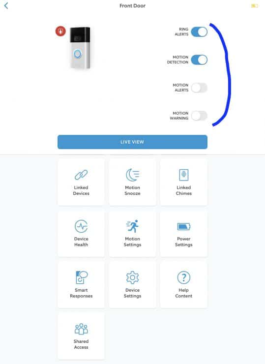 Four Toggle Options in the Ring app Doorbell settings