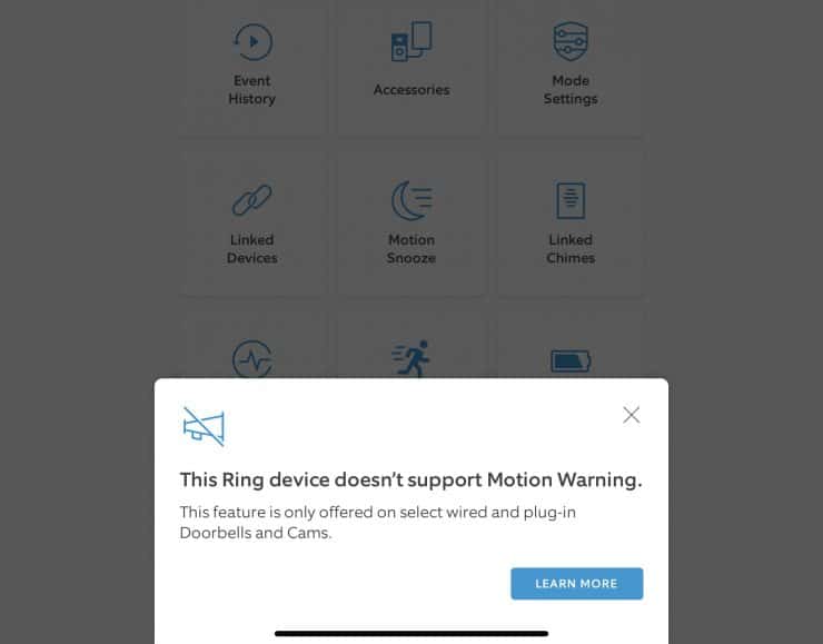 Ring Device doesnt support Motion Warning