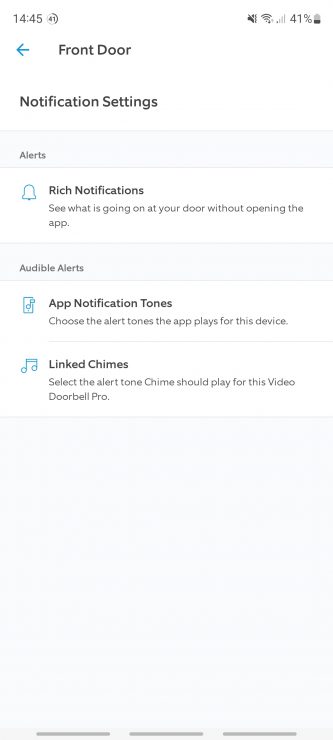 The Notification Settings section of the Ring App with options for Rich Notifications and app specific notifications