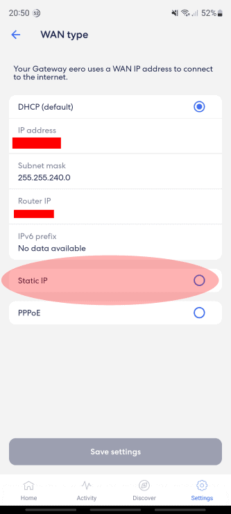 The Static IP option within the eero app