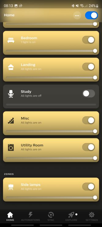 Various rooms and zones that are setup within my Philips Hue bridge and app