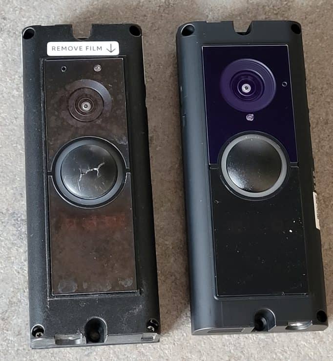 A Ring Doorbell Pro 1 and 2 side by side the Pro 2 is slightly wider