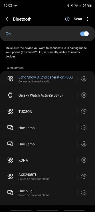 Android app settings showing that I am connected to an Echo Show 8