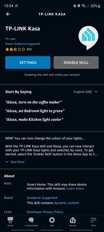 The Disable Skill option within the Alexa app in this case for the Kasa skill
