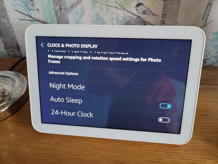 The Echo Shows Auto Sleep option under Clock and Photo Display settings