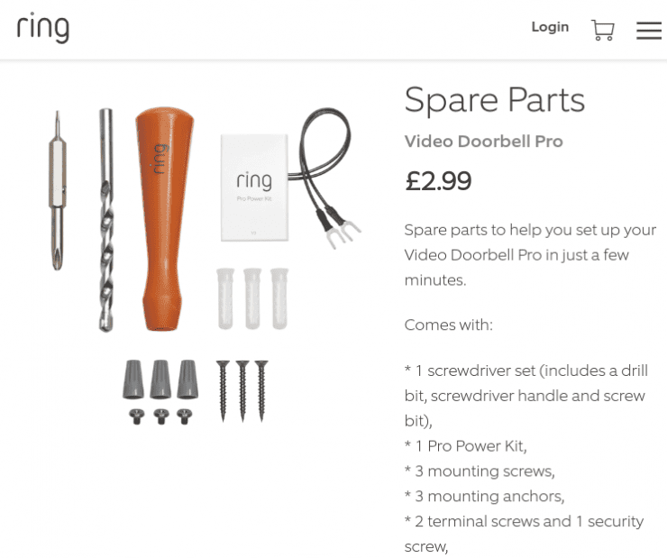The Ring UK store showing the spare parts for the Ring Doorbell Pro