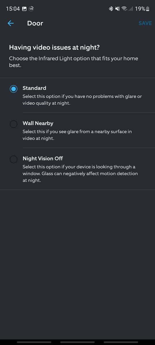 The night vision options within the Ring app allowing you to turn off night vision on the Ring Doorbell Pro 2