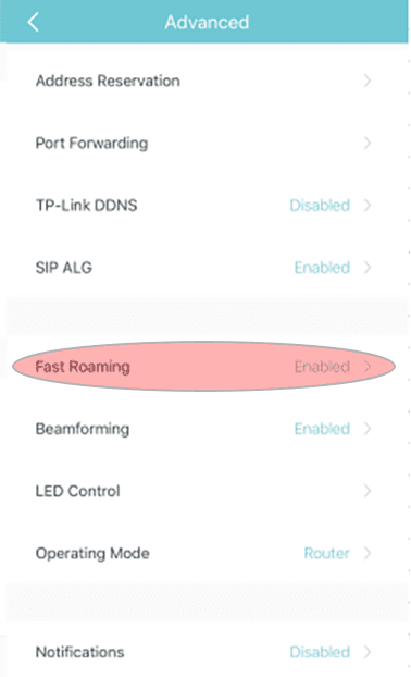 The Fast Roaming option within the TP Link Deco app