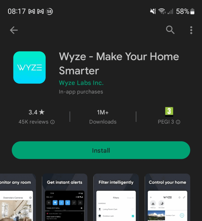 The Wyze app with WiFi not cellular data enabled on my phone