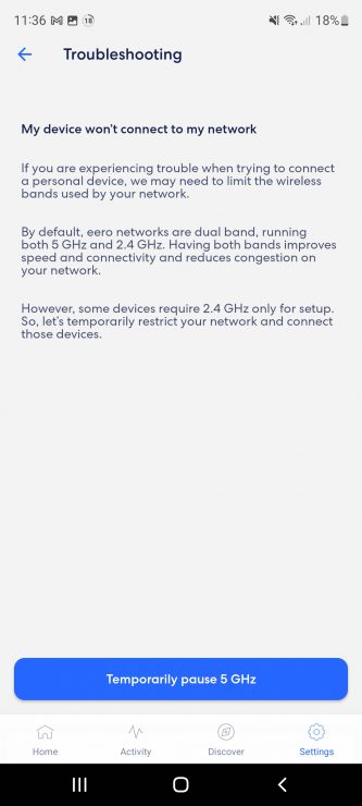 The eero app allows you to pause 5 GHz within the troubleshooting section