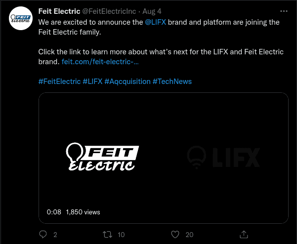 A tweet from Feit Electric discussing the buyout of LIFX 1