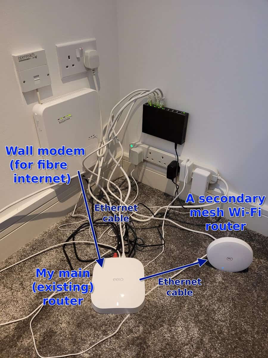 An annotated picture of my home Wi Fi network which has two separate Wi Fi networks and routers