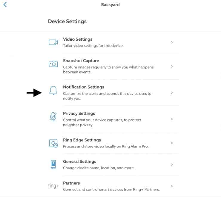 Where to find Notification Settings in Ring app
