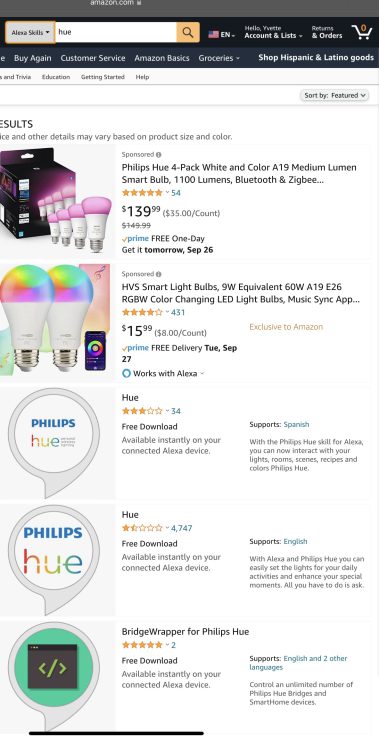 Searching for Hue Skill on Amazon.com