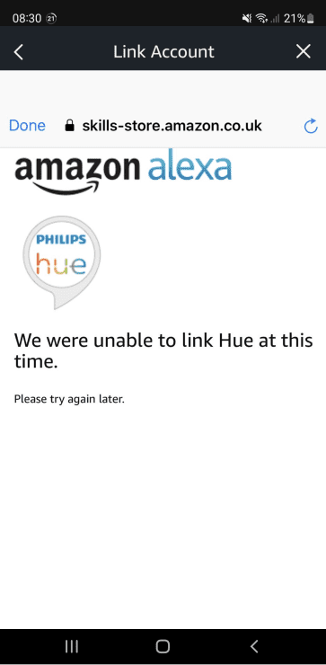 The Alexa app giving a please try again later when linking Philips Hue