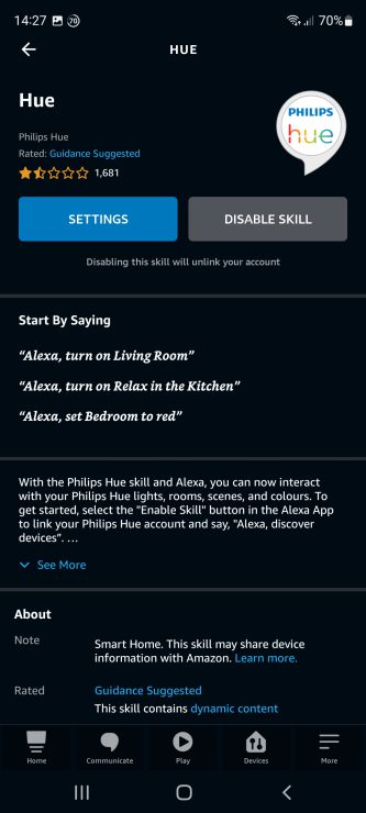 The Hue skill linked with Alexa and the option to disable that skill