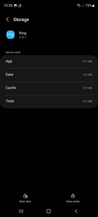 The app data and cache storage usage for the Ring app on Android