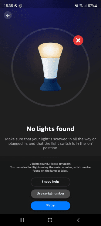 The error when the Hue app fails to find a light