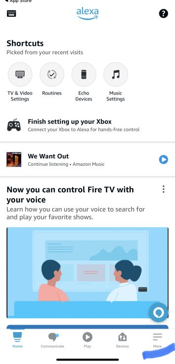 Alexa App Dashboard and More Button on iPhone
