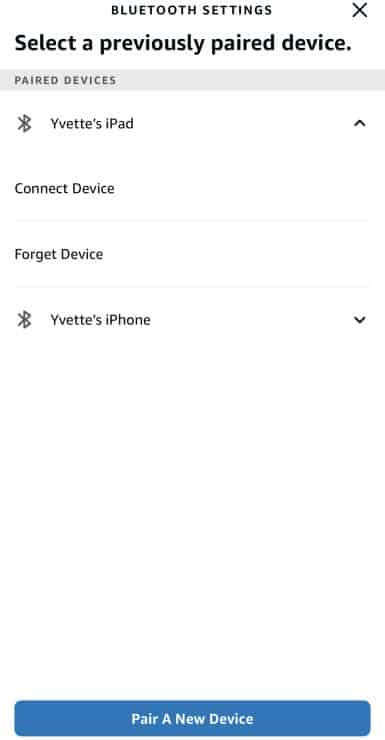 Connect or Forget Bluetooth Device in Alexa App