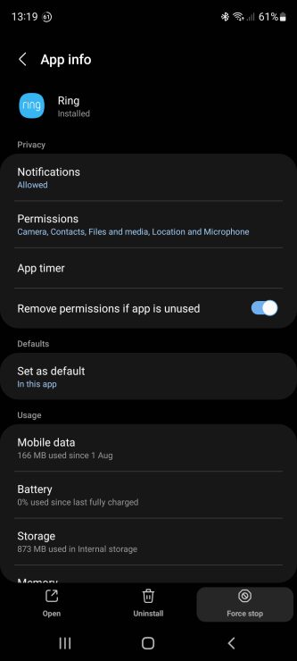 Force stopping the Ring app on Android