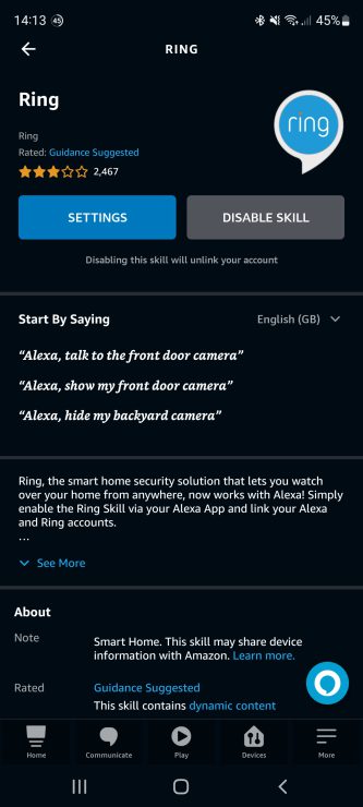 How to disable the Ring skill within the Alexa app