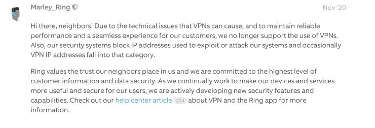 Notice of No VPN Support from Ring.Com